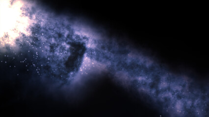 3D rendering of a bright galaxy consisting of nebulae and star clusters
