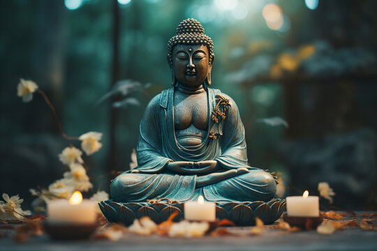Japanese temple statue of a Buddha in deep meditation. Serene aura of a Japanese temple with meticulous detail and devotion. Deep reflection of holy icon buddha statue.