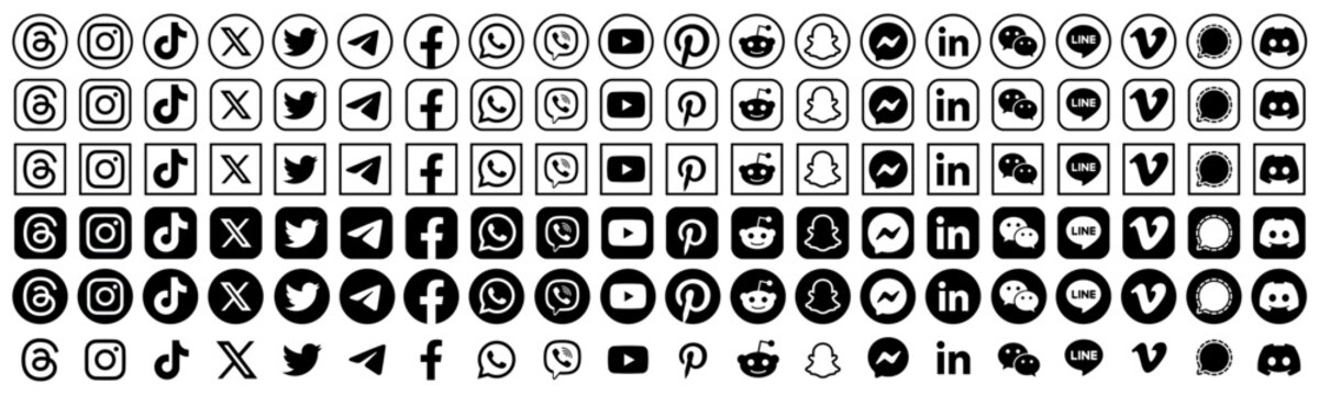 Threads, Instagram, TikTok, X, Facebook, Whatsapp, Twitter, YouTube, Telegram, Viber, Snapchat, Pinterest, Reddit, Messenger, WeChat, Line, Vimeo and LinkedIn black and white app icons.