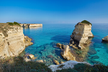Fototapeta na wymiar sea scenery in Puglia. Italy. Torre di Sant Andrea - famous beach with rock formations near Otranto town
