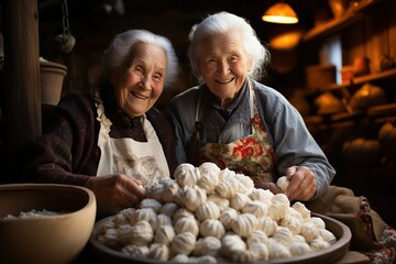 National Dumpling Day. Happy people make and eat dumplings. AI Generated. 