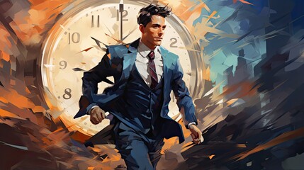 young business man running with a clock
