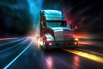 Fast moving full lighted truck on highway with semi-trailer
