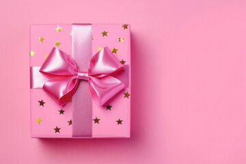 Top view of pink gift box on pastel pink background.
