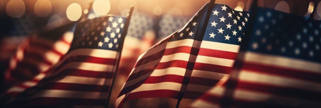 closeup image of american flags, in the style of soft atmospheric light