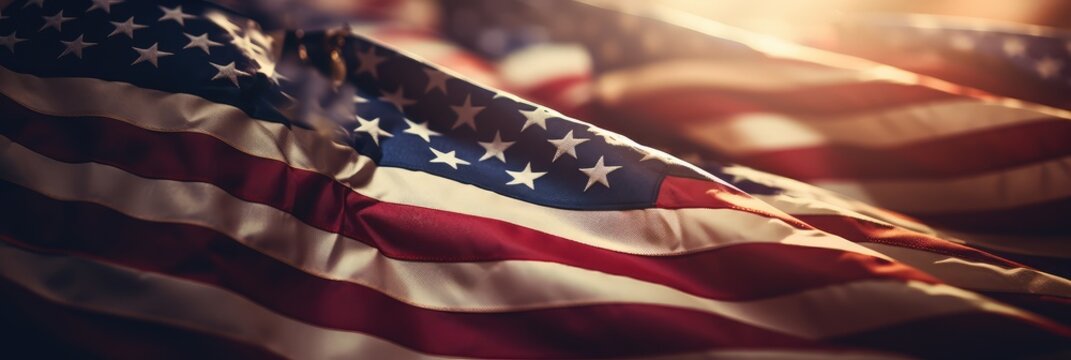 closeup image of american flags, in the style of soft atmospheric light