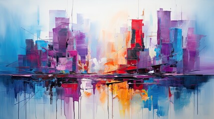 Colorful abstract city landscape painting in shades of violet and pink. Paint waves. 