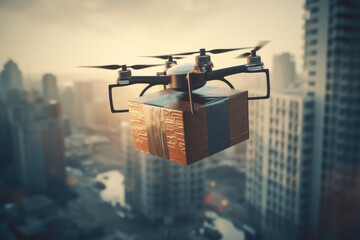 Postal drone . The drone carries a cardboard box Illustration of a package. Drone technology