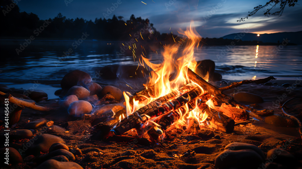 Wall mural black background. a small bonfire on the shore of a mountain lake or river. night scene. generative 