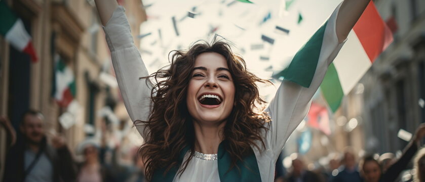 Portrait of pretty and happy Italian woman standing with smile, in front of Italy flags, shouting, celebrating victory or success. Generative ai