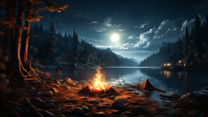 Black background. A small bonfire on the shore of a mountain lake or river. Night scene. Generative AI technology.