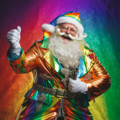 Santa Claus in a modern, casual style dressed in rainbow colors. 