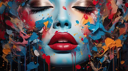 Foto op Canvas Graffitti surreal beautiful woman face covered in colorful paint © Photo And Art Panda