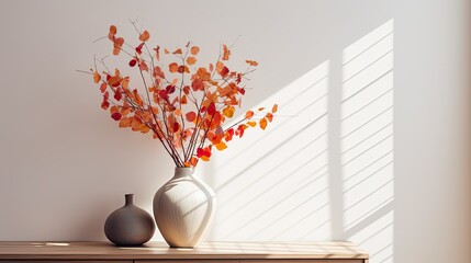 a vase filled with a collection of richly colored autumn leaves against a light backdrop, creating a focal point that evokes the changing season.