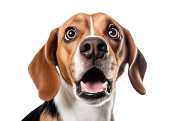 Close-up Funny Surprised Beagle Dog with Huge Eyes Portrait. Isolated on White and PNG Transparent Background. - obrazy, fototapety, plakaty