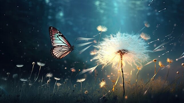 Fototapeta a dandelion with its seeds dispersing in the wind, while a butterfly adds a sense of dynamism to the scene, symbolizing the fleeting nature of beauty.