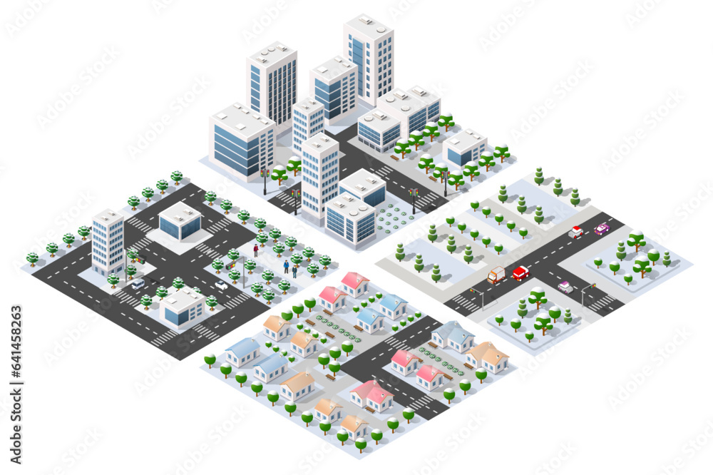 Wall mural Isometric modules of the modern 3D city. Winter landscape snowy