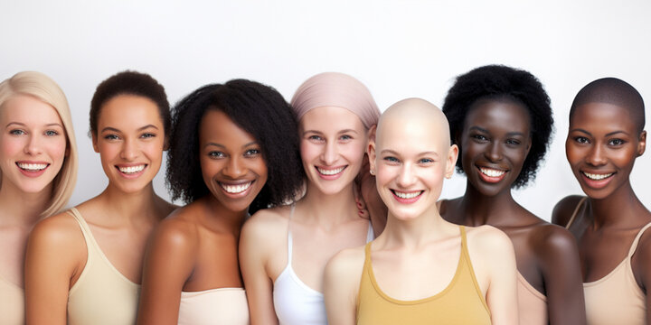 Multiracial Smiling women with no hair suffering from cancer. Bald woman concept. Cancer Awareness Month concept. 