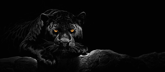 Black Jaguar Lying on Rock on Black Background - obrazy, fototapety, plakaty