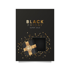 Black friday sale banner with confetti scattered around an open gift box