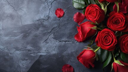 a greeting card with a top-down visual of a stunning red rose bouquet on a dark stone surface. The contrast between the rich red roses and the dark backdrop enhances the emotional impact.