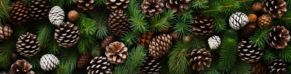 Christmas decoration with green fir and pine branches with cones