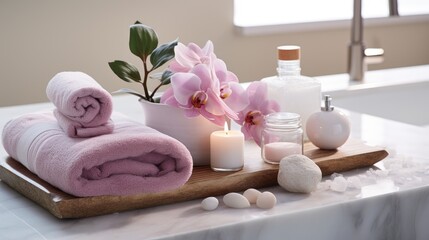 Obraz na płótnie Canvas Spa composition in light colors with a carefully thought-out arrangement of bath bombs, brushes and towels. Added elements of aromatherapy to create a soothing atmosphere.