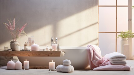 Spa composition in light colors with a carefully thought-out arrangement of bath bombs, brushes and towels. Added elements of aromatherapy to create a soothing atmosphere.