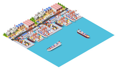 Isometric port cargo ship cargo seaport at sea with crane container transport