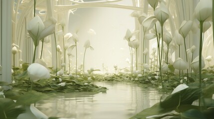  a picture of a beautiful scene with white flowers and water.  generative ai