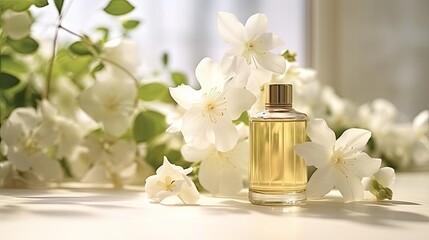 a captivating composition of jasmine essential oil and fresh flowers, thoughtfully placed on a...