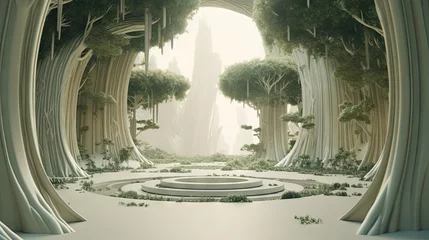 Tuinposter  a futuristic landscape with trees and a circular area in the middle.  generative ai © Anna