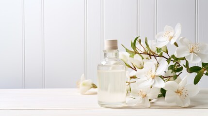 a captivating composition of jasmine essential oil and fresh flowers, thoughtfully placed on a white wooden tabletop. The open space in the image invites the addition of text or messages.