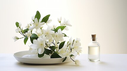 Obraz na płótnie Canvas a captivating composition of jasmine essential oil and fresh flowers, thoughtfully placed on a white wooden tabletop. The open space in the image invites the addition of text or messages.