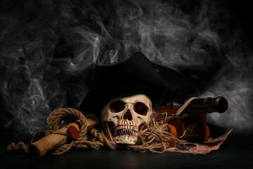 Human skull with toy model of cannon, pirate hat, world map and scroll on black background
