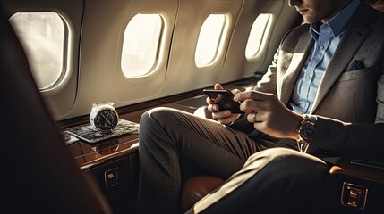 a businessman in a refined environment, glancing at his wristwatch while enjoying a coffee and having his cellphone nearby, symbolizing a productive journey.