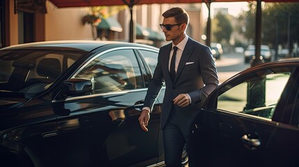 a driver, impeccably dressed, opening the car door with a courteous hand for his passenger. Highlight the subtle interactions and the scene's upscale ambiance