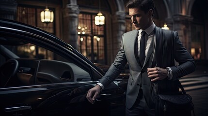 a driver, impeccably dressed, opening the car door with a courteous hand for his passenger. Highlight the subtle interactions and the scene's upscale ambiance