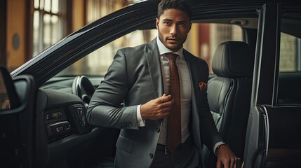 a driver, impeccably dressed, opening the car door with a courteous hand for his passenger. Highlight the subtle interactions and the scene's upscale ambiance