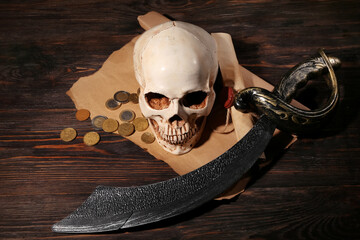 Human skull with sword, scroll and coins on brown wooden background