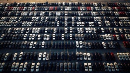 a top view of neatly aligned rows of new cars in a distribution center within the factory, showcasing the meticulous planning that goes into the production chain.
