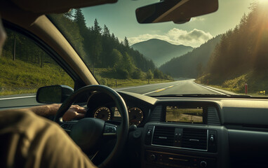 POV of driver capturing traffic by the car on a scenic road