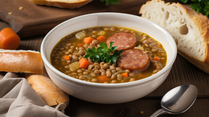 Sausage and Lentil Soup - A hearty soup made with sausage, lentils, and vegetables like carrots and celery, often flavored with herbs like thyme and rosemary.