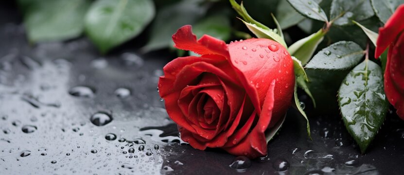 Beautiful red flowers, roses, over marble background. Bouquet of flowers at cemetery , funeral concept.
