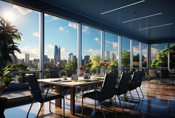 Modern office meeting room interior with glass windows. Created with Generative AI