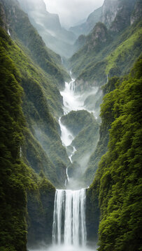 A breathtaking view unfolds, revealing a magnificent cascade and waterfall nestled within a lush valley, framed by towering mountains, shrouded in a gentle mist, with the waters below rushing in.