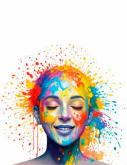 Colorful paint splash Explosion on woman head. Artists creative and inspiration concept. Copy space. Generative AI