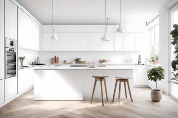 Fototapeta na wymiar A bright kitchen with minimalist design, featuring a white empty canvas frame for a mockup on a clean, white wall. 