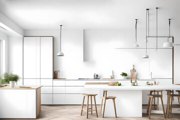 A bright kitchen with minimalist design, featuring a white empty canvas frame for a mockup on a clean, white wall.
