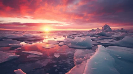 Fotobehang Noord-Europa polar landscape at sunset, with the sky aglow in a kaleidoscope of reds, oranges, and pinks, reflecting off the icy mountains and glaciers, showcasing the sublime beauty of nature's vivid canvas.